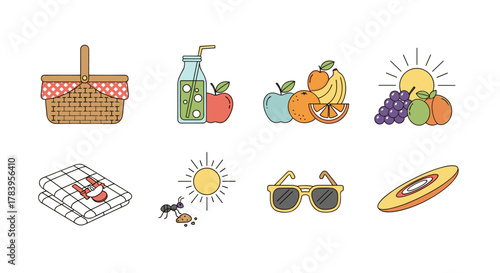 Colorful picnic elements with food and sun in flat design