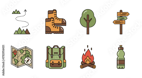 Colorful icons of hiking and camping essentials in flat design