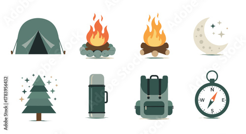 Camping equipment and adventure icons with tent, campfire, backpack, compass, and more