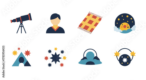 Astronomy and stargazing icons collection: telescope, starry sky, area rug, tent