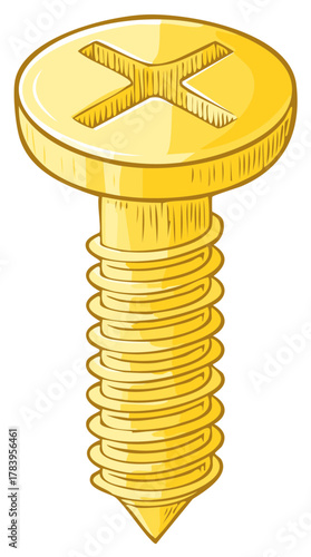 Bright golden metal screw with a crosshead slot and pointed tip isolated on white