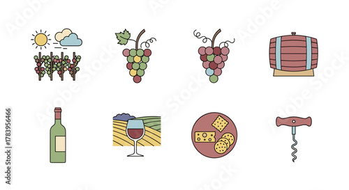 Wine and vineyard line art set with grapes, barrels, and corkscrew elements