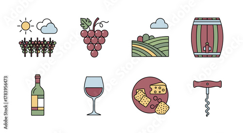 Vineyard icons collection: wine, grapes, cheese, and corkscrew designs