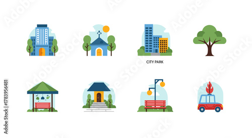 Colorful flat urban icons featuring buildings, trees, and public spaces for modern projects