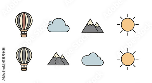 Linear flat nature icons set with hot air balloon, cloud, mountain, and sun