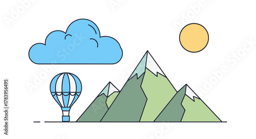Minimalist mountain landscape with hot air balloon and sun in linear style