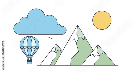 Minimalist mountain landscape with hot air balloon, sun, and cloud in flat style