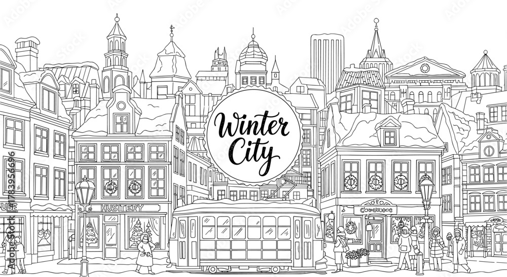 Fototapeta premium Winter cityscape with tram and snow-covered rooftops in black and white linear style