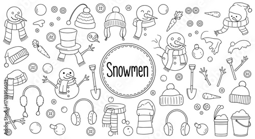 Playful winter snowman doodle collection in black and white