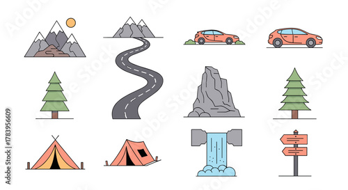 Minimalist outdoor elements: mountains, cars, tents, and trees in linear style