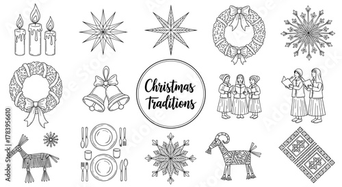 Festive christmas traditions: intricate line art celebrating nordic holiday elements