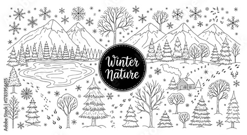 Tranquil winter nature scene with snowy mountains and trees in black and white line art