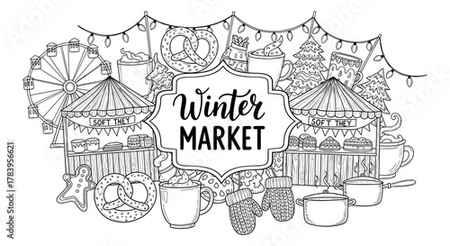 Cozy winter market with festive stalls, holiday treats, and warm beverages in hand-drawn style