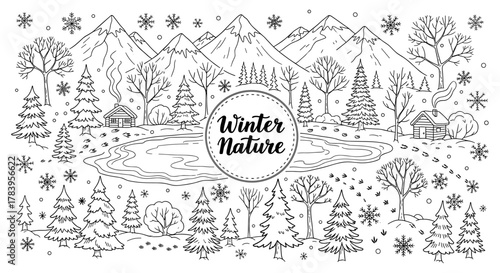 Winter nature landscape with snowy trees and mountains in black and white doodle art