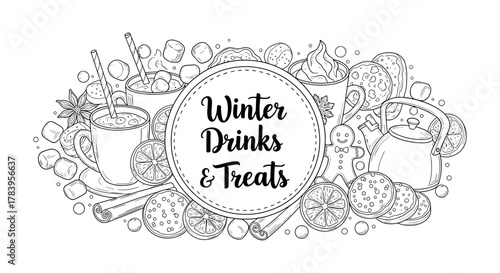 Cozy winter drinks and treats in a hand-drawn style with desserts and hot beverages