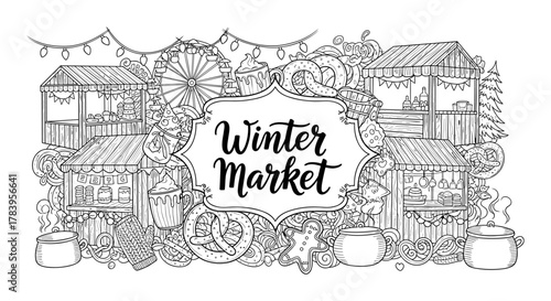 Hand-drawn winter market doodle with stalls and seasonal treats in black and white