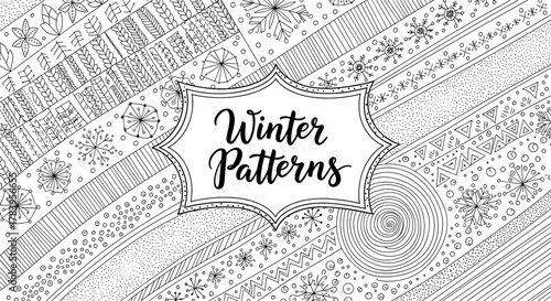 Intricate winter patterns with snowflakes and geometric designs in black and white