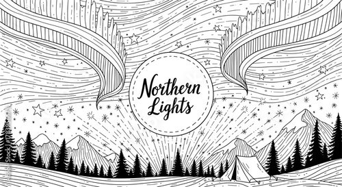 Monochrome landscape with northern lights and starry sky in line art style