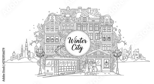 Intricate winter cityscape with historic buildings and tram