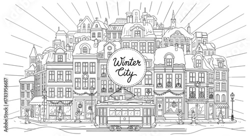 Charming winter urban landscape with historic snowy buildings and tram