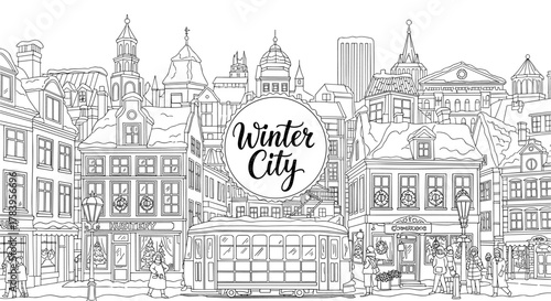 Winter cityscape with tram and snow-covered rooftops in black and white linear style