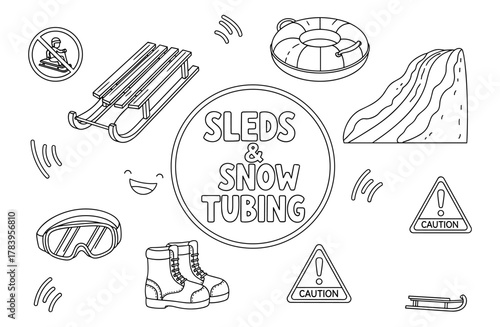 Winter fun elements featuring sleds, tubing, and safety gear in a linear design