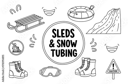 Winter recreation elements featuring sleds, snow tubing, and safety gear in outline style