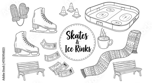Winter skating essentials: hand drawn ice rink, skates, mittens, and cozy accessories