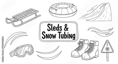 Winter fun with sleds and snow tubing in black and white line art