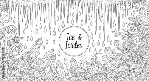 Intricate ice and icicles coloring page with winter nature elements