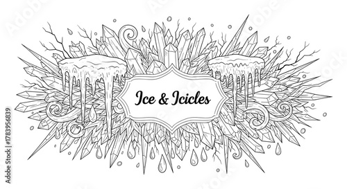 Intricate ice and icicles line art with crystal patterns and decorative elements