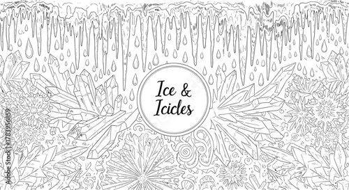 Ornate winter design with ice crystals and icicles in intricate line art