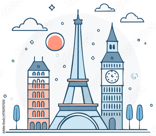 Iconic global architectural landmarks and famous travel destinations depicted in a modern flat line art illustration