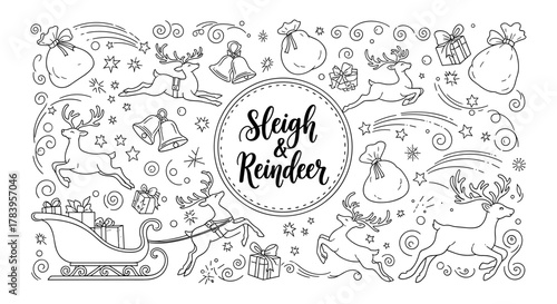 Festive holiday reindeer and sleigh with gifts in playful doodle style
