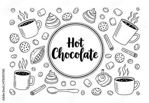 Cozy hot chocolate pattern with coffee mugs and sweet treats in black and white outline style