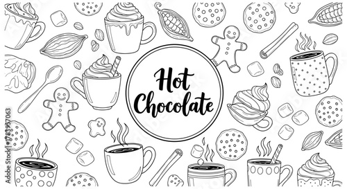 Hand-drawn hot chocolate and gingerbread doodles with cozy elements