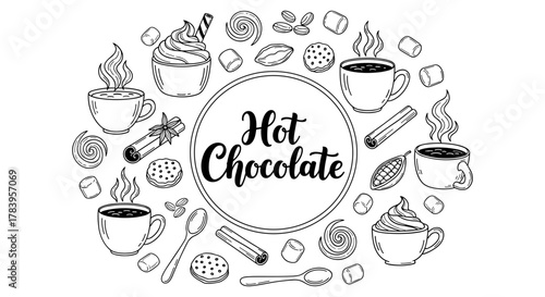 Cozy hot chocolate and treats in hand drawn style with marshmallows and cinnamon sticks