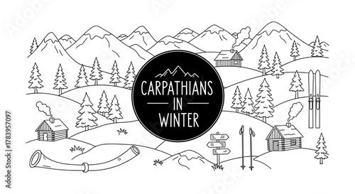 Carpathians in winter: black and white scene with mountains, cabins, and ski elements