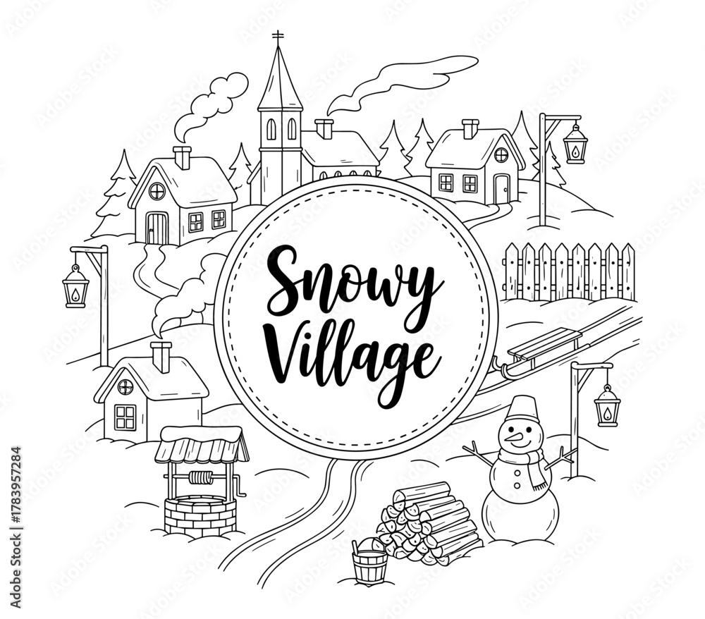 Fototapeta premium Charming snowy village scene with cozy houses and winter delight