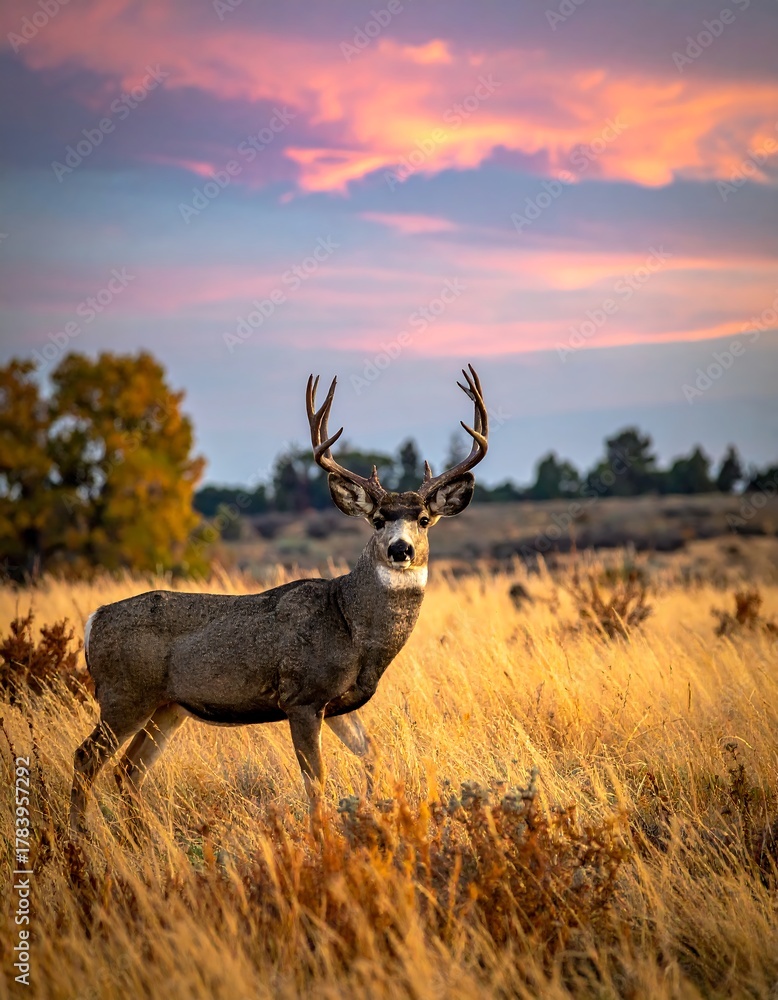 Fototapeta premium Buck stands proudly in a field with golden grasses at sunset