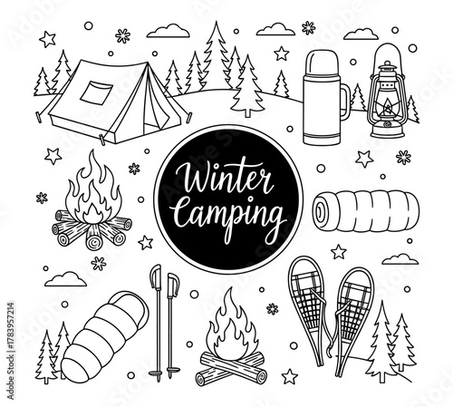 Winter camping outline design with essential outdoor gear and nature elements