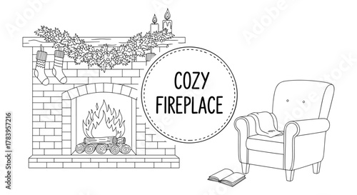 Cozy fireplace with holiday decorations and comfy armchair for winter relaxation