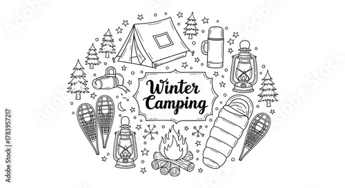 Winter camping adventure: cozy tents, warm lanterns, and snowy forest scenes