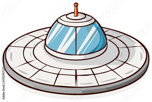 Cartoon flying saucer with blue windows and an orange antenna