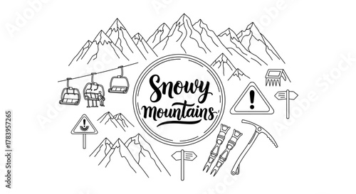 Snowy mountains outline with winter adventure signs and gear
