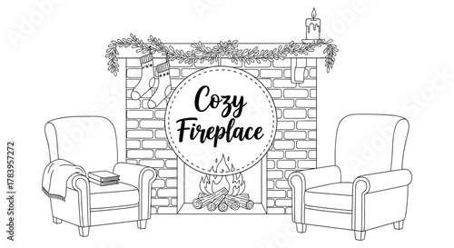 Cozy fireplace scene with armchairs and holiday decor in linear style