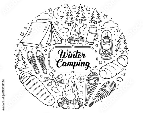Winter camping doodle: tent, campfire, and snowshoes in circular design