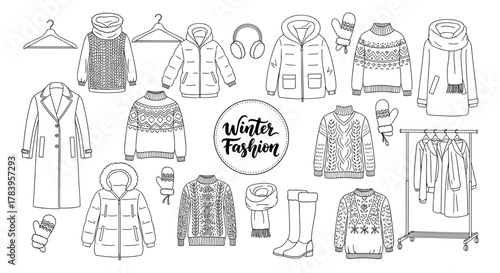 Hand-drawn winter fashion collection: cozy sweaters, jackets, and accessories