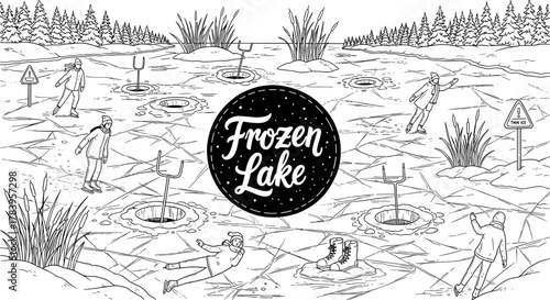 Winter adventure on a frozen lake with ice fishing and skating scene