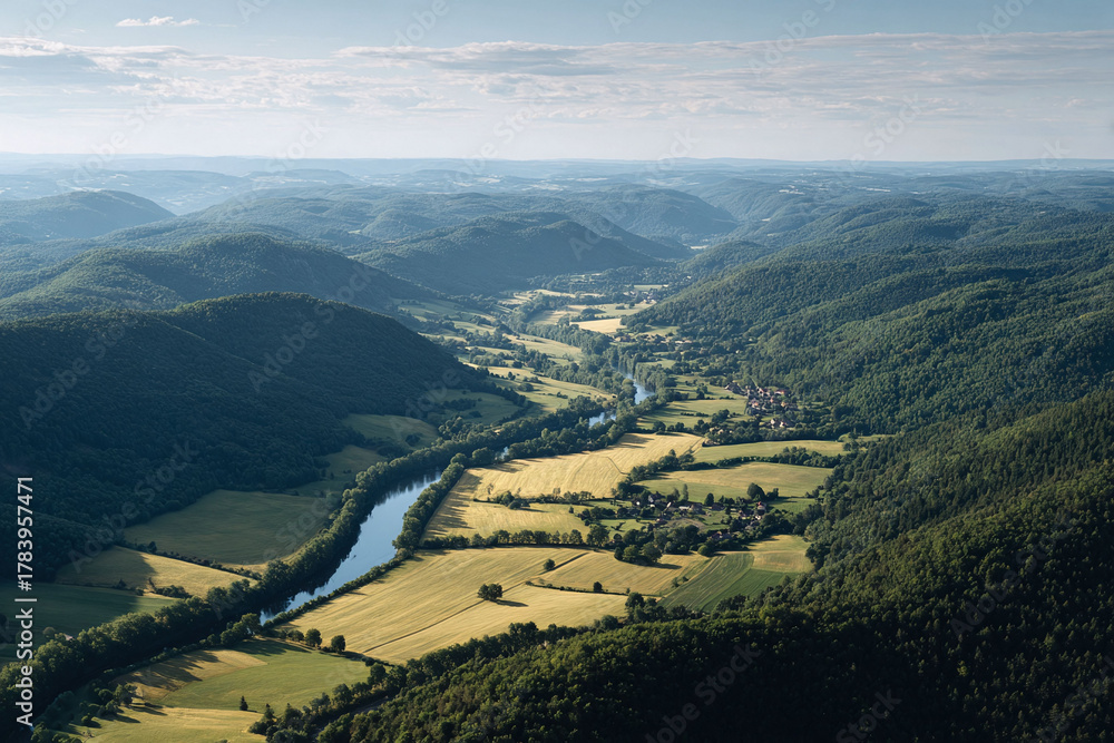 Fototapeta premium Breathtaking aerial view of a river winding through lush green valleys and hills, offering a sense of peace and tranquility. Ideal for travel, nature, or serenity concepts.